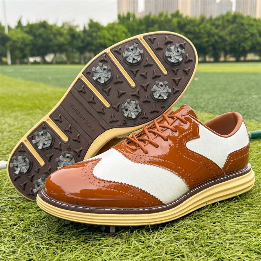 Wingtip Glossy Spiked Golf Shoe on the golf course, view 6